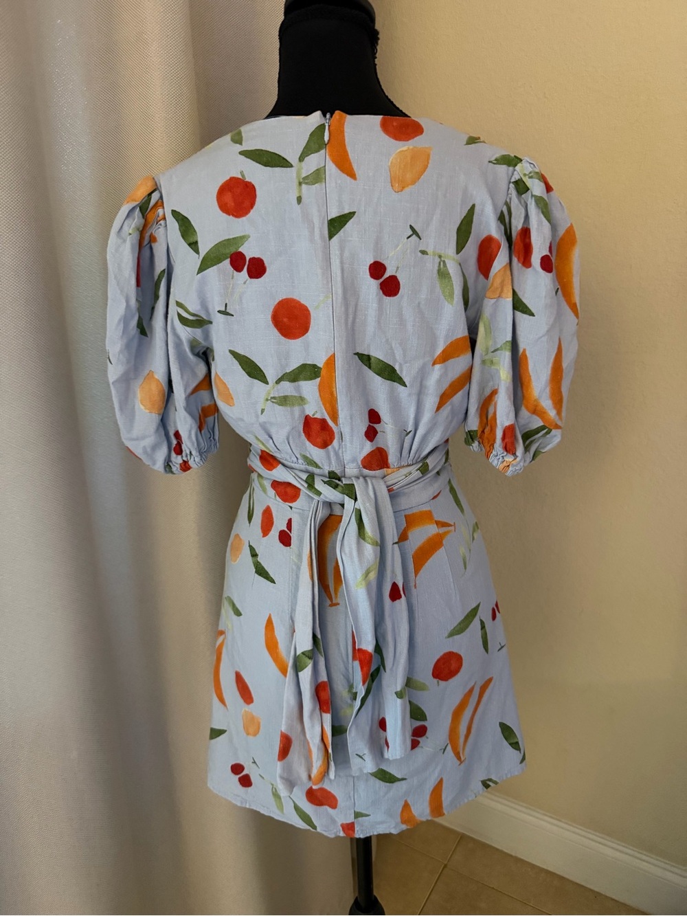 Finders Keepers Calypso Fruit Print Puff Sleeve Mini Dress Blue XS - Picture 8 of 10